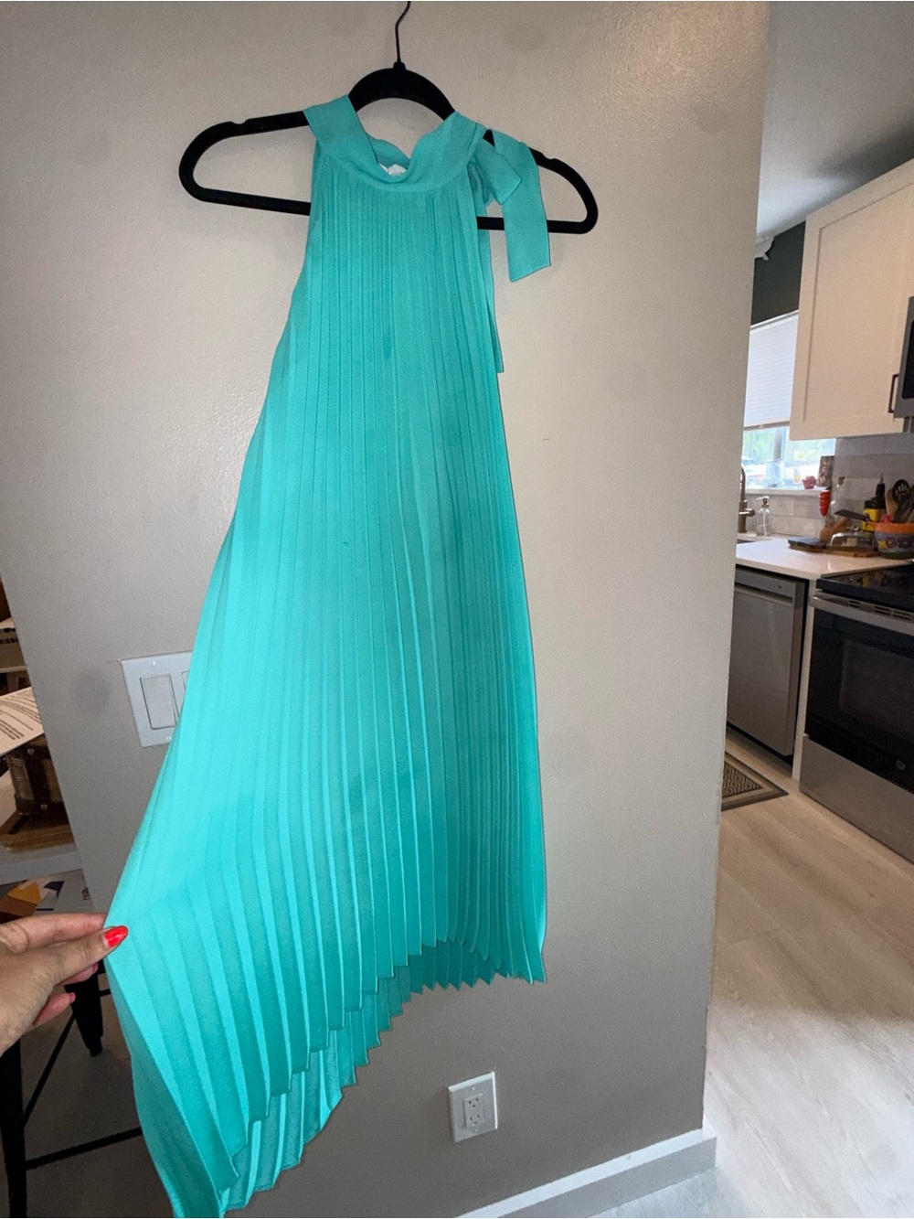 Pleated Halter Maxi Dress in Teal midi length - Picture 3 of 3